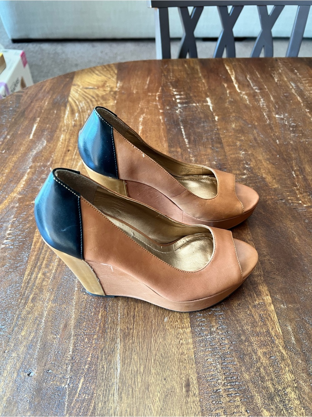 J.Renee Tan and Navy Peep-Toe Wedge Heels